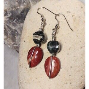 Carved Jasper Leaf Stone Geode Dangle Earrings